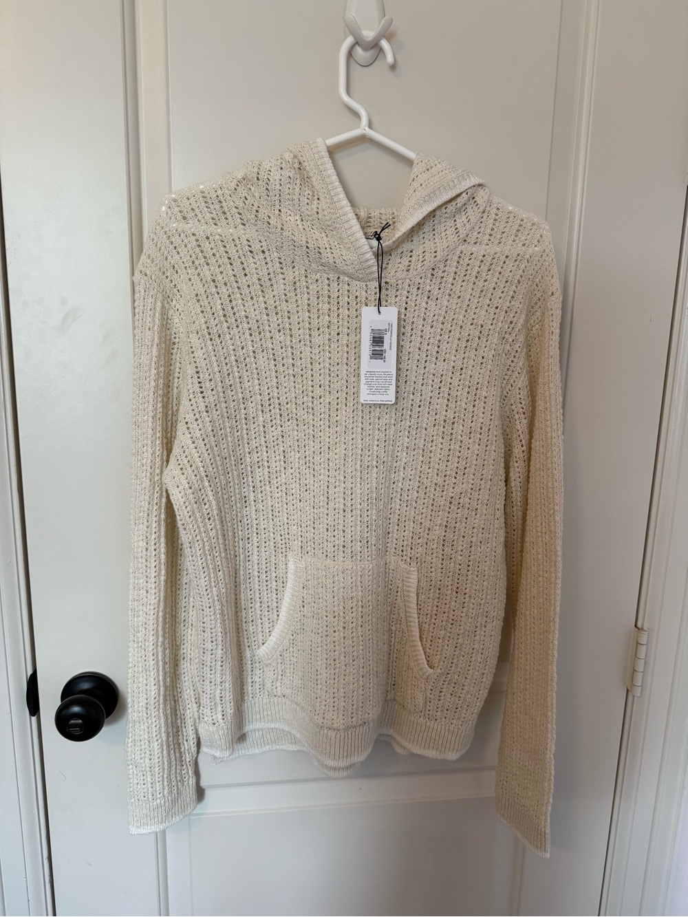 Cream Knit Light Weight Hooded Sweater with Front Pocket